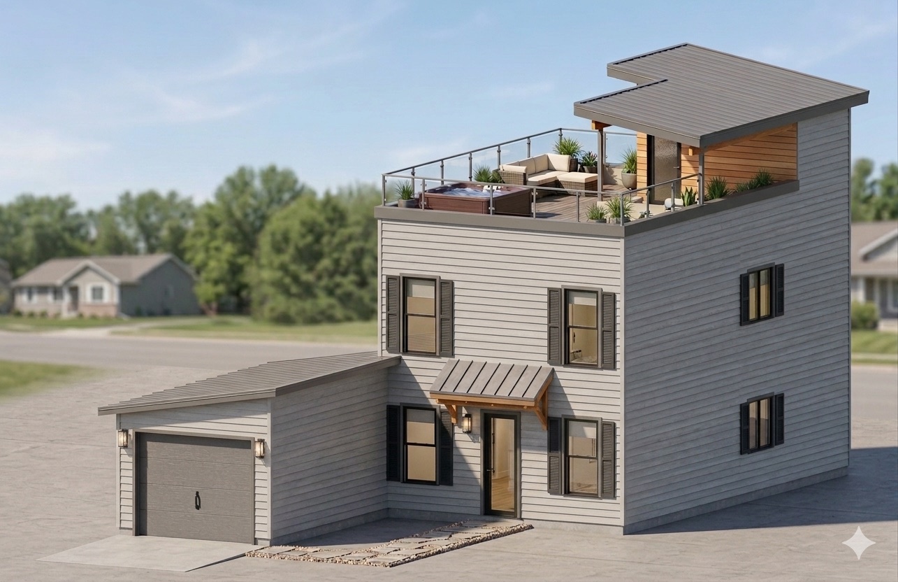 An Arena ADU — exterior render with rooftop deck