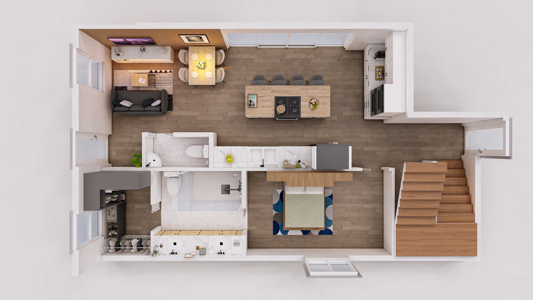 The Compact — dollhouse render of the single-story 2 bed layout