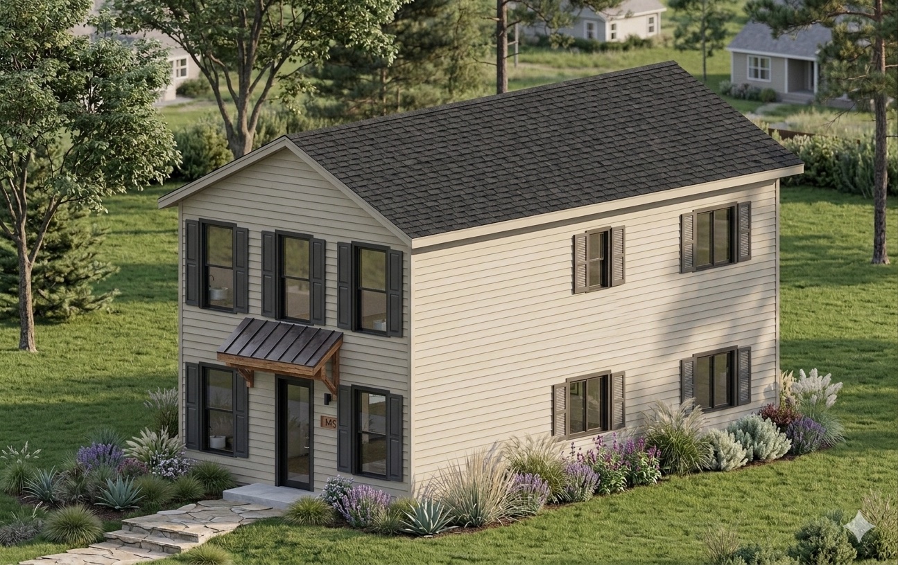 Arena Collection home — two-story Arena home with cream siding, black shutters, and lavender landscaping