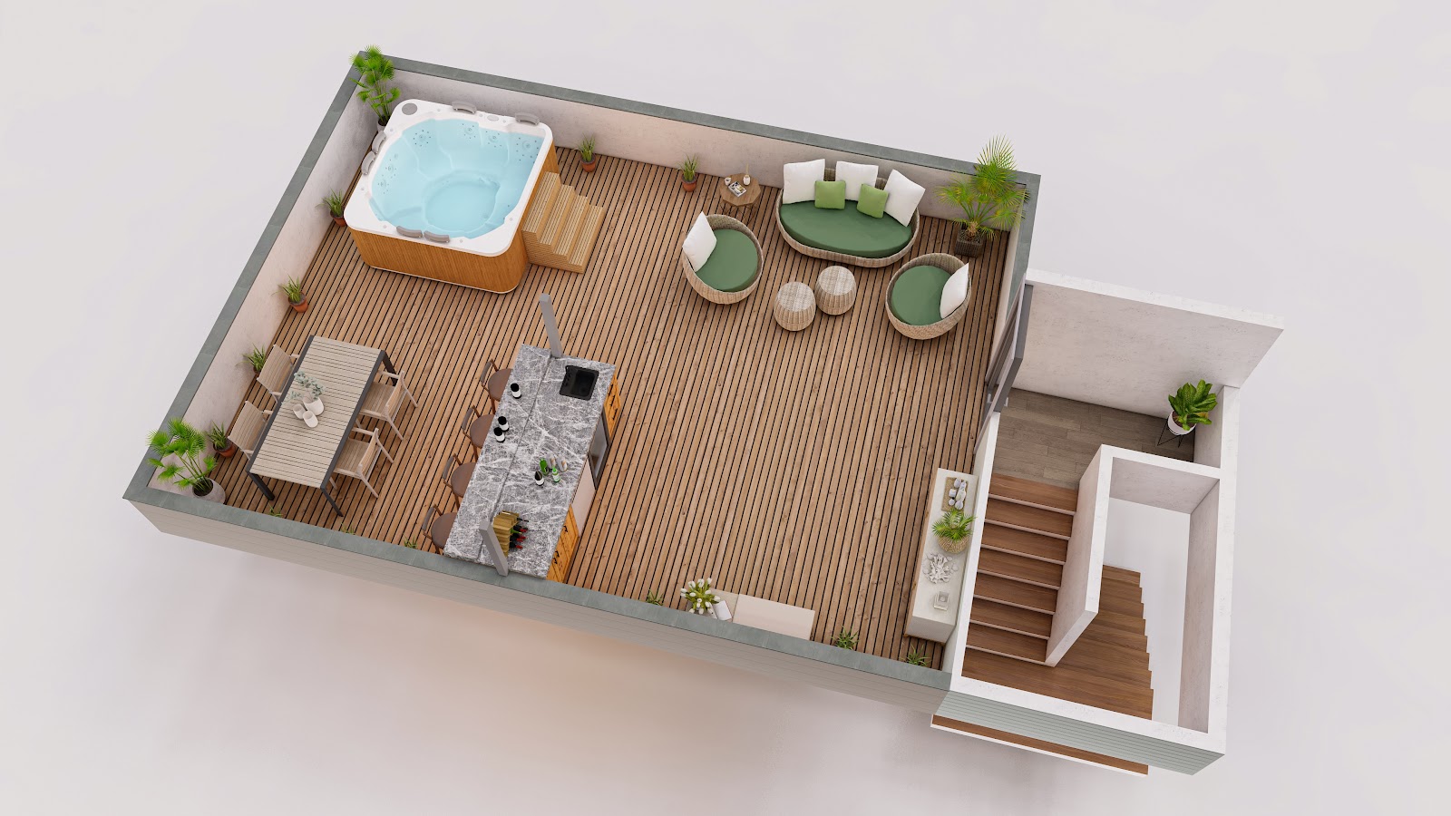 A finished Homie Pros project — roof deck with outdoor kitchen and lounge, ready to enjoy