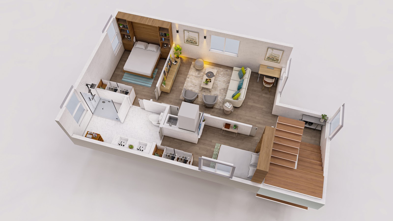 Arena cutaway render — upper level, bedrooms and bath